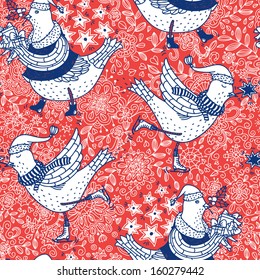 Christmas vector seamless pattern with funny birds on a floral background