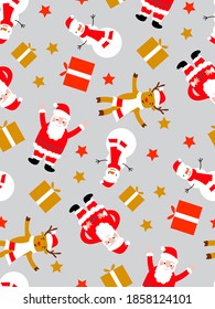 Christmas vector seamless pattern with funny Santa Claus, reindeer and snowmen with gifts. Christmas and New Year.