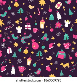 Christmas vector seamless pattern. Funny and bright. Ideal for wrapping, fabric, wallpaper, print, greeting cards, backgrounds, web sites, blogs. Cozy and warm. Merry Christmas!