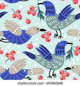 Christmas vector seamless pattern with funny birds and holly berries