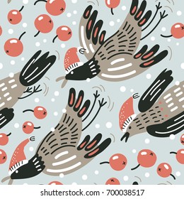  Christmas vector seamless pattern with funny flying birds and holly berries