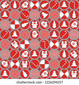 Christmas vector seamless pattern with gift boxes. snowman, mitten on red background. New year vector design. Wrapping paper for Christmas gift boxes