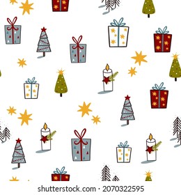 Christmas vector seamless pattern with gift boxes, candles, christmas tees and stars on white background. Pattern for textile, wrapping and picture postcard design