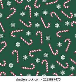 Christmas vector seamless pattern with gift and snowflake, candy on green background for holiday wrapper paper.