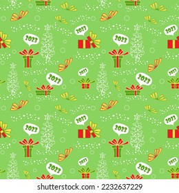 Christmas vector seamless pattern with gift boxes, chrismas tree and snowflakes on green background. New year vector design. Wrapping paper for Christmas gift boxes