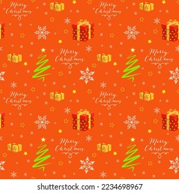 Weihnachtsvektor nahtloses Muster mit Geschenk, Schneeflocken, grünem Weihnachtsbaum und Heiligabend auf hellorangefarbenem Hintergrund. Vektor-Design für das neue Jahr.Papier für Weihnachtsgeschenk