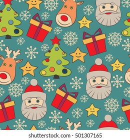 Christmas vector seamless pattern with gift, star, snowflakes, Santa and deer. Multi 
colored doodles on blue background. Can be use for Christmas card or wrapping paper design.