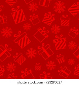 Christmas vector seamless pattern with gift boxes and snowflakes on red background. New year vector design. Wrapping paper for Christmas gift boxes
