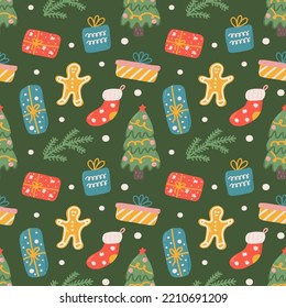 Christmas vector seamless pattern, gifts, gingerbread, decorative ornaments and snowflakes.