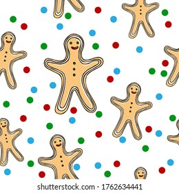 Christmas vector seamless pattern. Gingerbread man background. New Year colorful texture  for wrapping, wallpaper, textile, scrapbooking. Hand drawn vector illustration in doodle style.