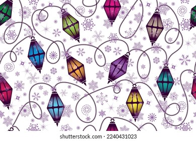 Vector de Navidad patrón sin fisuras con una brillante garganta de linternas coloridas y copos de nieve en un fondo transparente