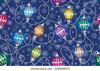 Christmas vector seamless pattern with a glowing garland of colorful lanterns and white snowflakes on a dark blue background