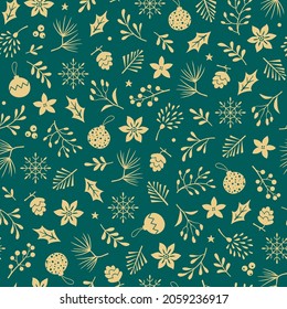 Christmas Vector Seamless Pattern With Gold Winter Floral Elements And Christmas Tree Decorations On Green Background. Christmas And New Year Wrapping Paper.