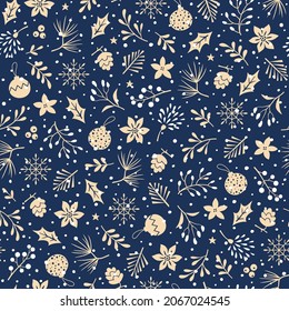 Christmas vector seamless pattern with gold winter floral elements and Christmas tree decorations on navy blue background. Christmas and New Year wrapping paper.