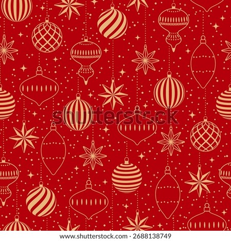 Christmas vector seamless pattern with golden Christmas tree baubles on a red background. Festive illustration for gift wrapping paper, fabric, clothing, textiles, surface textures, and scrapbooks.