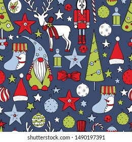 Christmas vector  seamless pattern with hand drawn elements