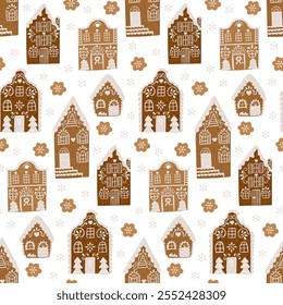 Christmas vector Seamless pattern with hand drawn gingerbread houses and icing designs on white background. Perfect for festive wrapping paper, textiles, and holiday projects