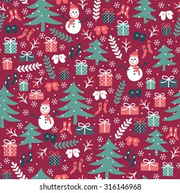 Christmas vector seamless pattern. hand drawn snowman, trees, gift boxes, socks, mittens, snowflakes