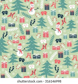 Christmas vector seamless pattern. hand drawn snowman, trees, gift boxes, socks, mittens, snowflakes