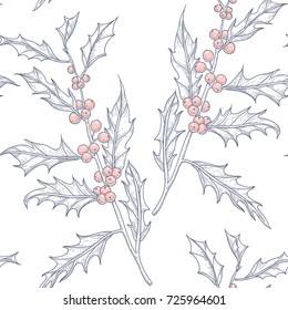  Christmas vector seamless pattern with hand drawn  holly berries 