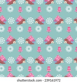 Christmas vector seamless pattern with hedgehog 