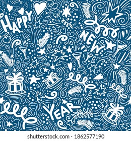 Christmas vector seamless pattern with holiday attributes drawn by hand in doodle style. Garlands, cake, gifts, glasses, confetti, handwriting words happy, new, year on trendy color tidewater green.