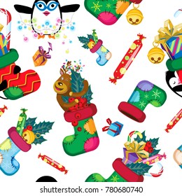 Christmas vector seamless pattern. Holiday socks with gifts, penguins and reindeer. On a white background.
