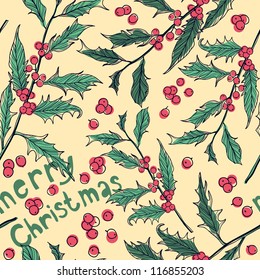 Christmas vector seamless pattern with holly sprigs