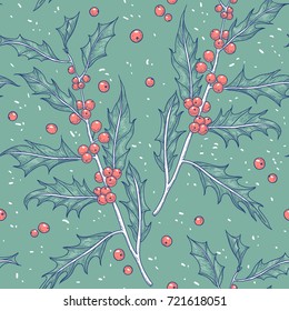 Christmas vector seamless pattern with holly berries and snow flakes