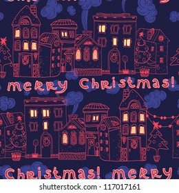 Christmas vector seamless pattern with houses in the night