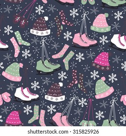 Christmas vector seamless pattern. Ice skates, socks, hats, mittens