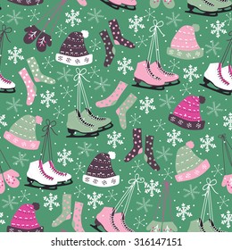 Christmas vector seamless pattern. Ice skates, socks, hats, mittens, snowflakes
