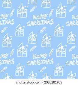 Christmas vector seamless pattern  Lettering,gifts,branches with  white line.Holiday print on blue isolated background in doodle hand drawn style.Design for wrapping paper,textiles,packaging.