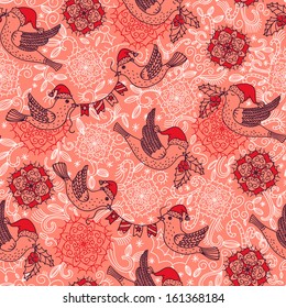 Christmas vector seamless pattern with little birds and Christmas decoration