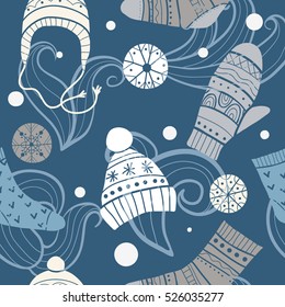 Christmas vector seamless pattern. Merry xmas pattern with cute winter accessories: socks, hats, mittens. Hand draw texture of clothes with ornaments. New Year and holidays symbols
