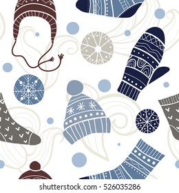 Christmas vector seamless pattern. Merry xmas pattern with cute winter accessories: socks, hats, mittens. Hand draw texture of clothes with ornaments. New Year and holidays symbols