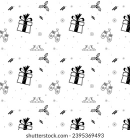 Christmas vector seamless pattern with mittens, snowflakes, skates, gifts, Christmas seamless pattern for Christmas textile packaging, vector fabric wallpaper. New year.