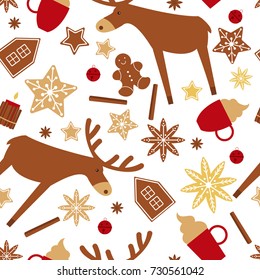 Christmas vector  seamless pattern  with moose and gingerbread cookies.