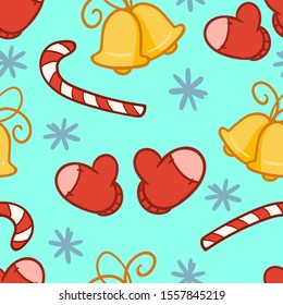 Christmas vector seamless pattern with new years candys, mittens and Jingle bells. Design for wrapping paper, sites, banners.