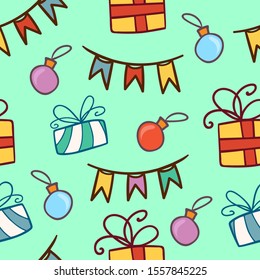 Christmas vector seamless pattern with New Years decorations and gifts. Design for wrapping paper, sites, banners.