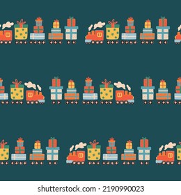 Christmas vector seamless pattern, New Year backdrop, Birthday repeat. A retro locomotive engine, the steam train delivers presents, gift boxes with bows and ribbons.