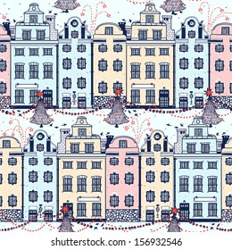Christmas vector seamless pattern with old houses and Christmas decoration
