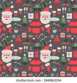 Christmas vector seamless pattern on dark background. Holiday illustration with traditional elements Santa Claus, christmas sweater, mistletoe. Perfect for fabrics, wrapping paper, wallpapers.