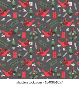 Christmas vector seamless pattern on dark background. Holiday illustration with stylized cardinal bird on skates, christmas tree and wreaths. Perfect for fabrics, wrapping paper, wallpapers.