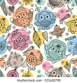Christmas vector seamless pattern with owls and Christmas toys.