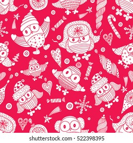 Christmas vector seamless pattern with owls and toys.