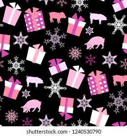 Christmas vector seamless pattern with pigs, presents and snowflakes in graphic design illustration