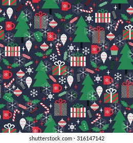 Christmas vector seamless pattern. Pine trees, gift boxes, candies, mugs, mistletoe, cupcakes