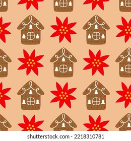 Christmas vector seamless pattern (poinsettia flower and gingerbread cookie)