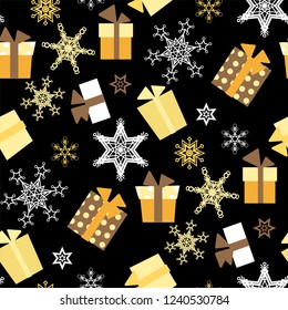 Christmas vector seamless pattern with presents and snowflakes and stars in graphic design illustration